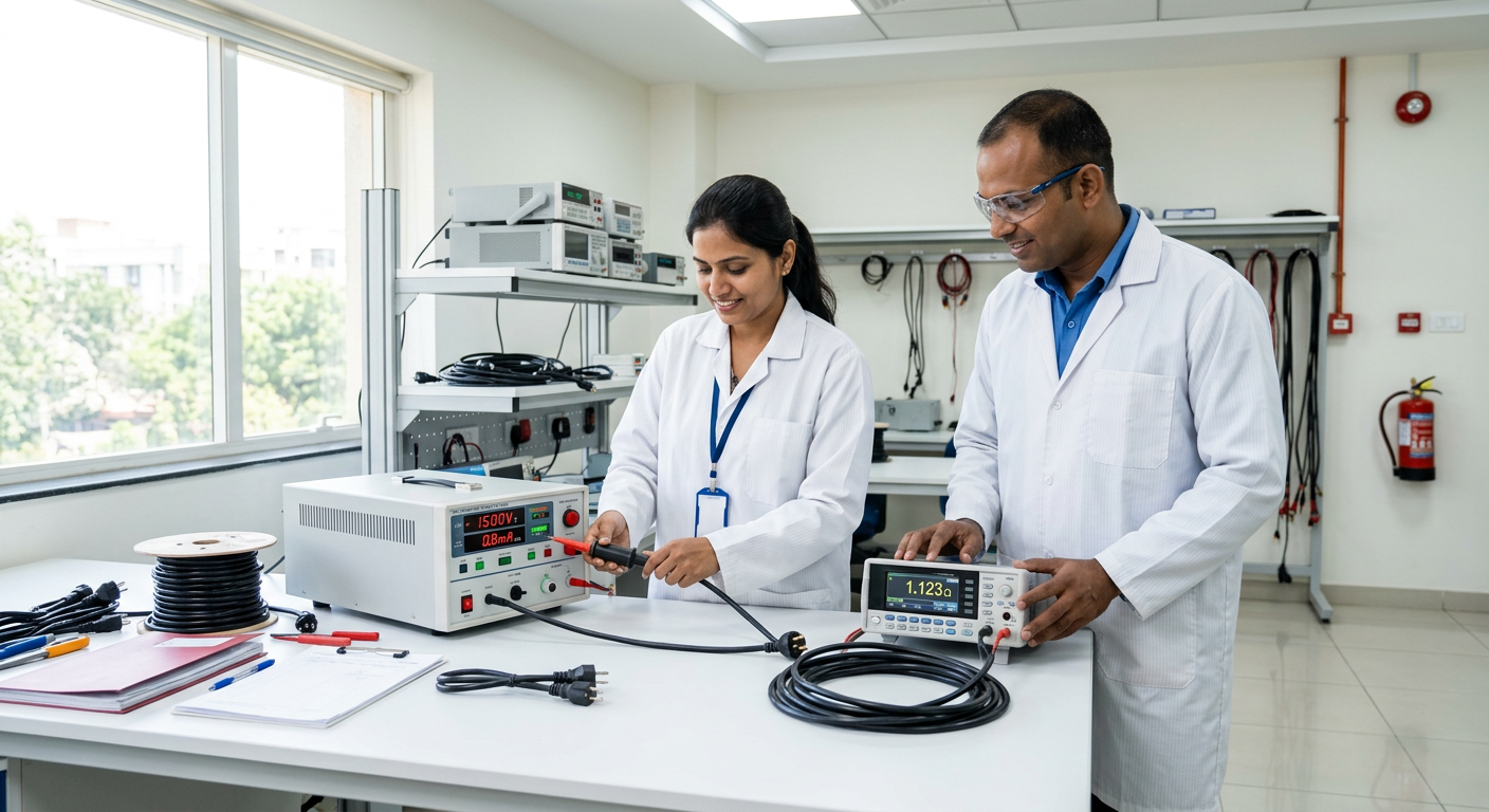 Technician testing a power cord in the GETCAB in-house quality lab